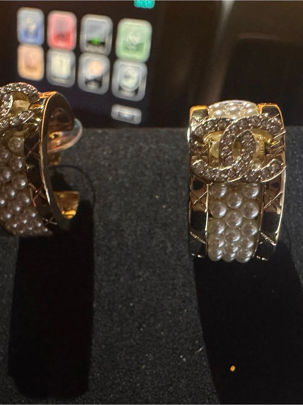 Gold-Tone Hoop Earrings with Pearls and Crystal CC Logo